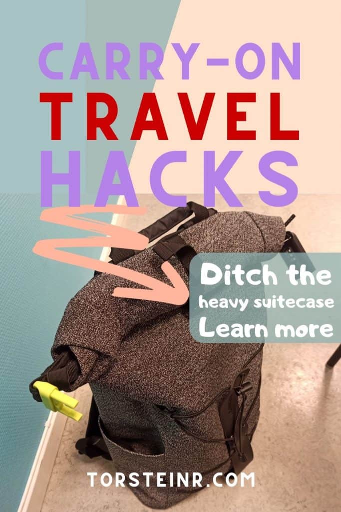 carry-on travel hacks guide: under is a picture of a carry on sized backpack