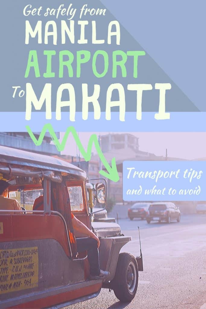 transport guide from Manila airport to Makati, Philippines - Pinterest graphic with a photo of a jeepny on the road