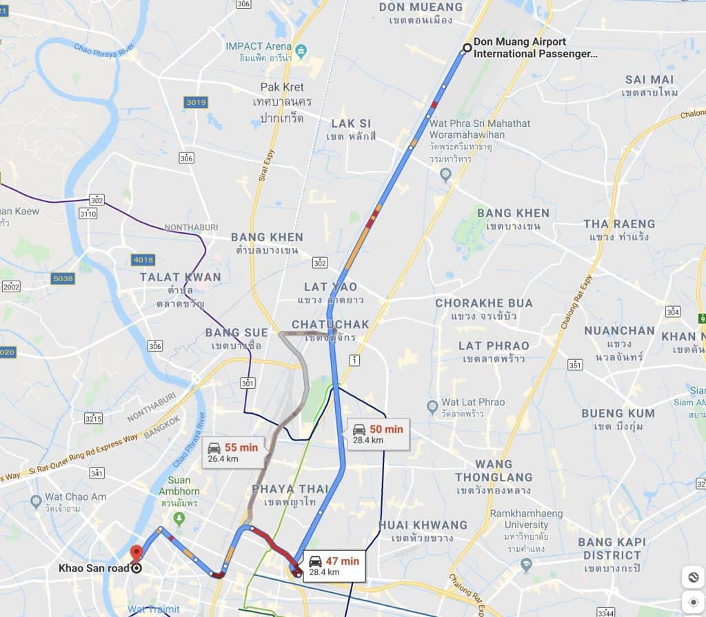 map describing how to get to khao san road from bangkok airport in the north: Don Muang