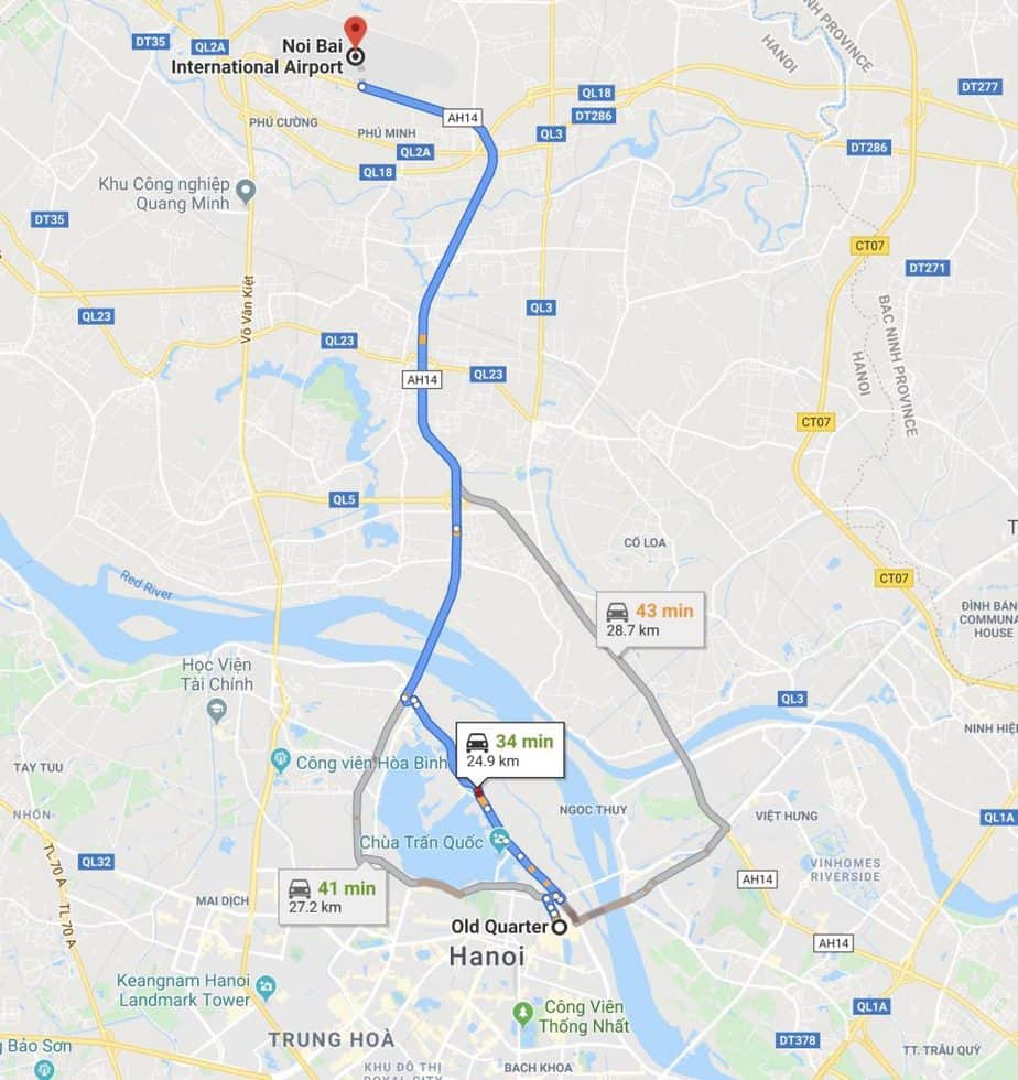 a google maps screenshot of the route from noi bai airport to hanois old quarter