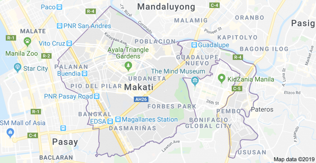 google maps screenshot of where to stay in Manila. The marked area is Makati
