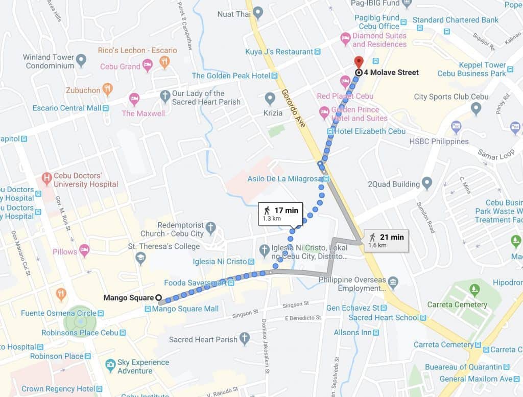 A Google Maps image of the Road from Ayala Mall to Mango Square in Cebu City