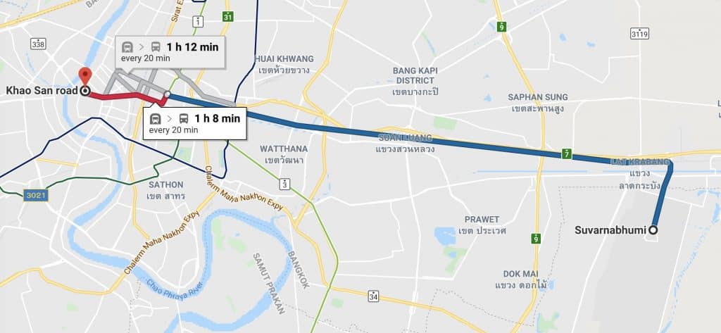 map of the path from Suvarnabhumi airport to khao san road