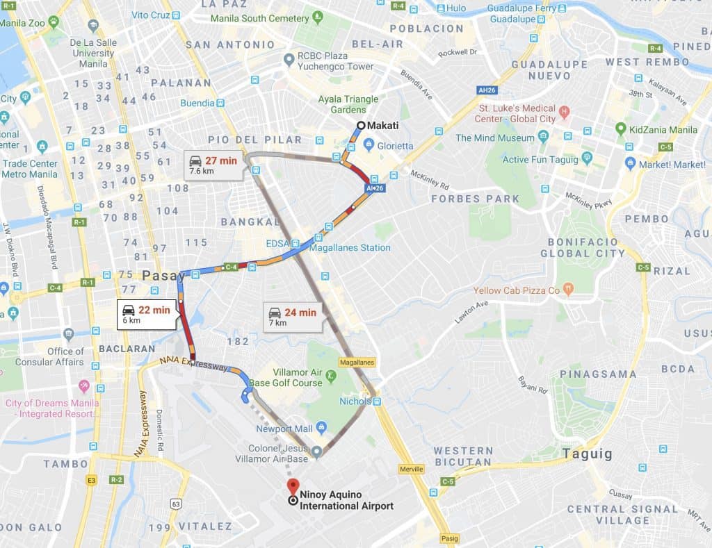 Google Maps image of the fastest route from Manila Airport to Makati by taxi