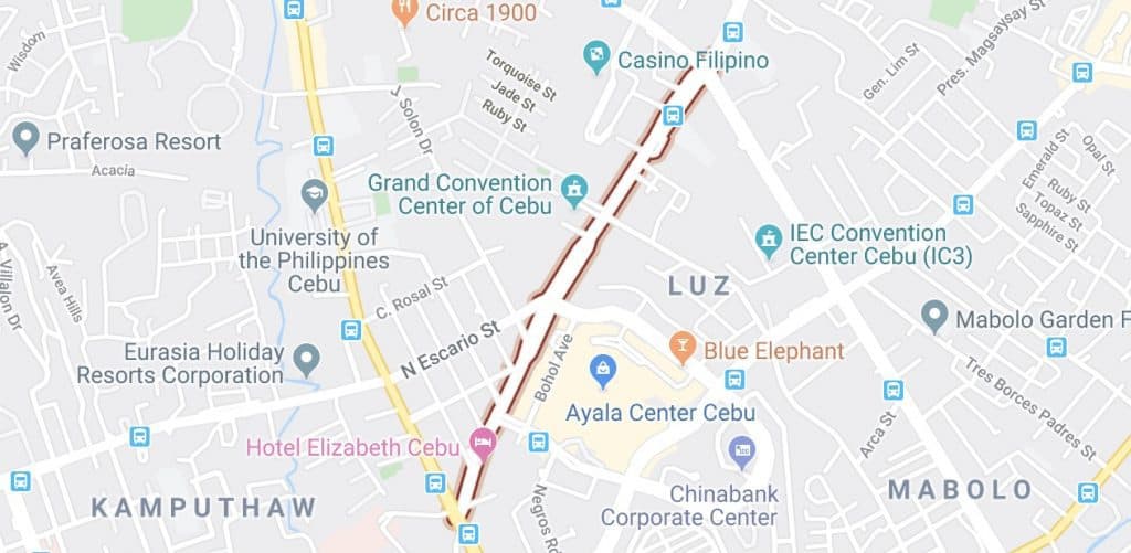 google maps screenshot of Archbishop Reyes Ave where travelers stay in cebu