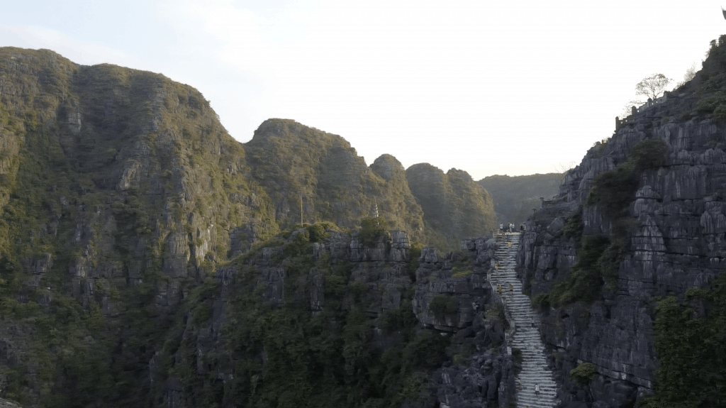 Distance view of the steep stairs up to the viewpoint in Ninh Binh