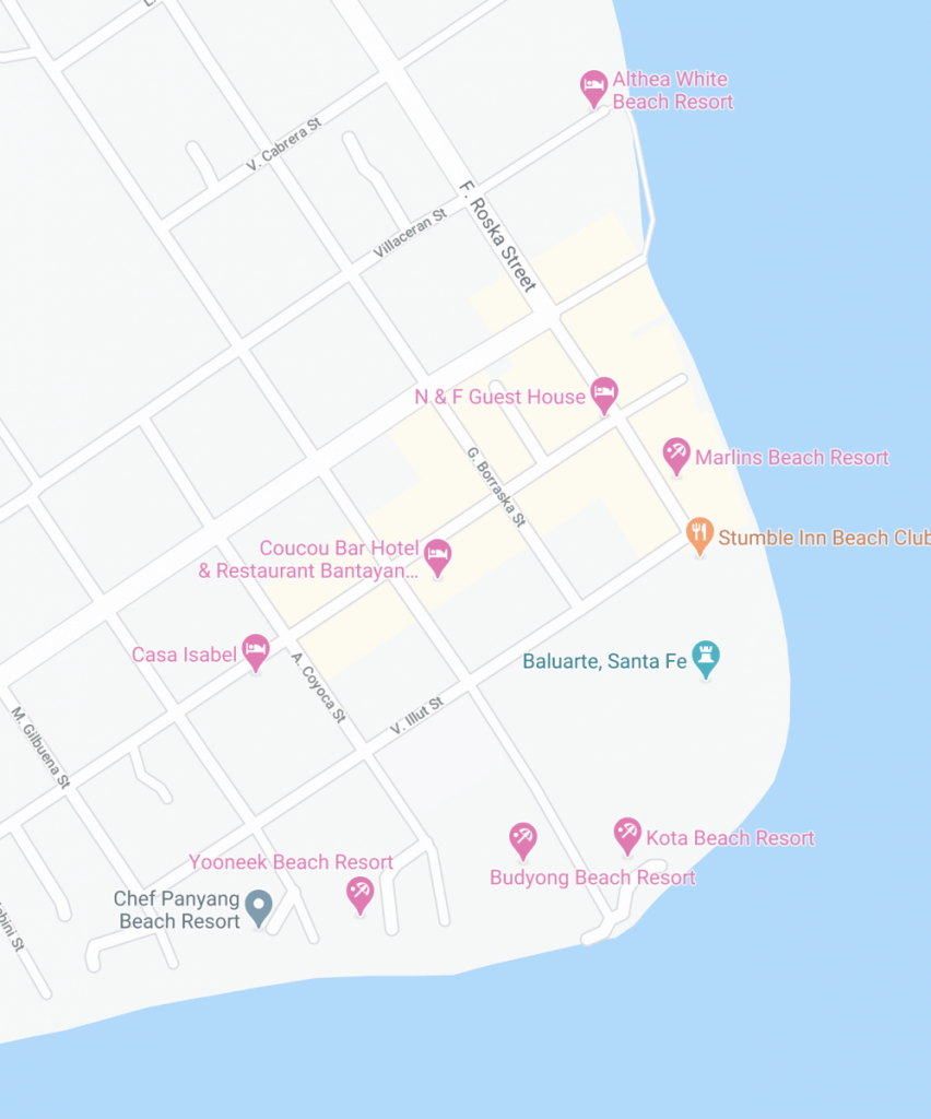Google Maps screenshot of all the bars, restaurants and favourite hotels in Santa Fe, Bantayan Island